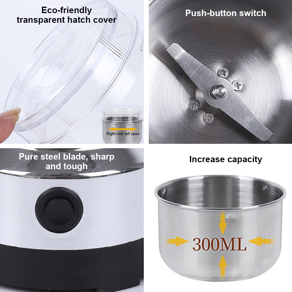Coffee Bean Grinder Electric - เครื่องบดกาแฟไฟฟ้า เครื่องบดเครื่องเทศและพริกไทยสแตนเลส เครื่องบดธัญพืชสำหรับใช้ในครัวเรือน สำหรับเครื่องเทศ เมล็ดพืช ข้าว